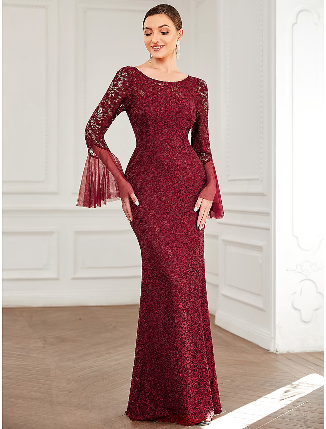 Mother of the Bride Dress Elegant Sexy Floor Length Lace Long Sleeve
