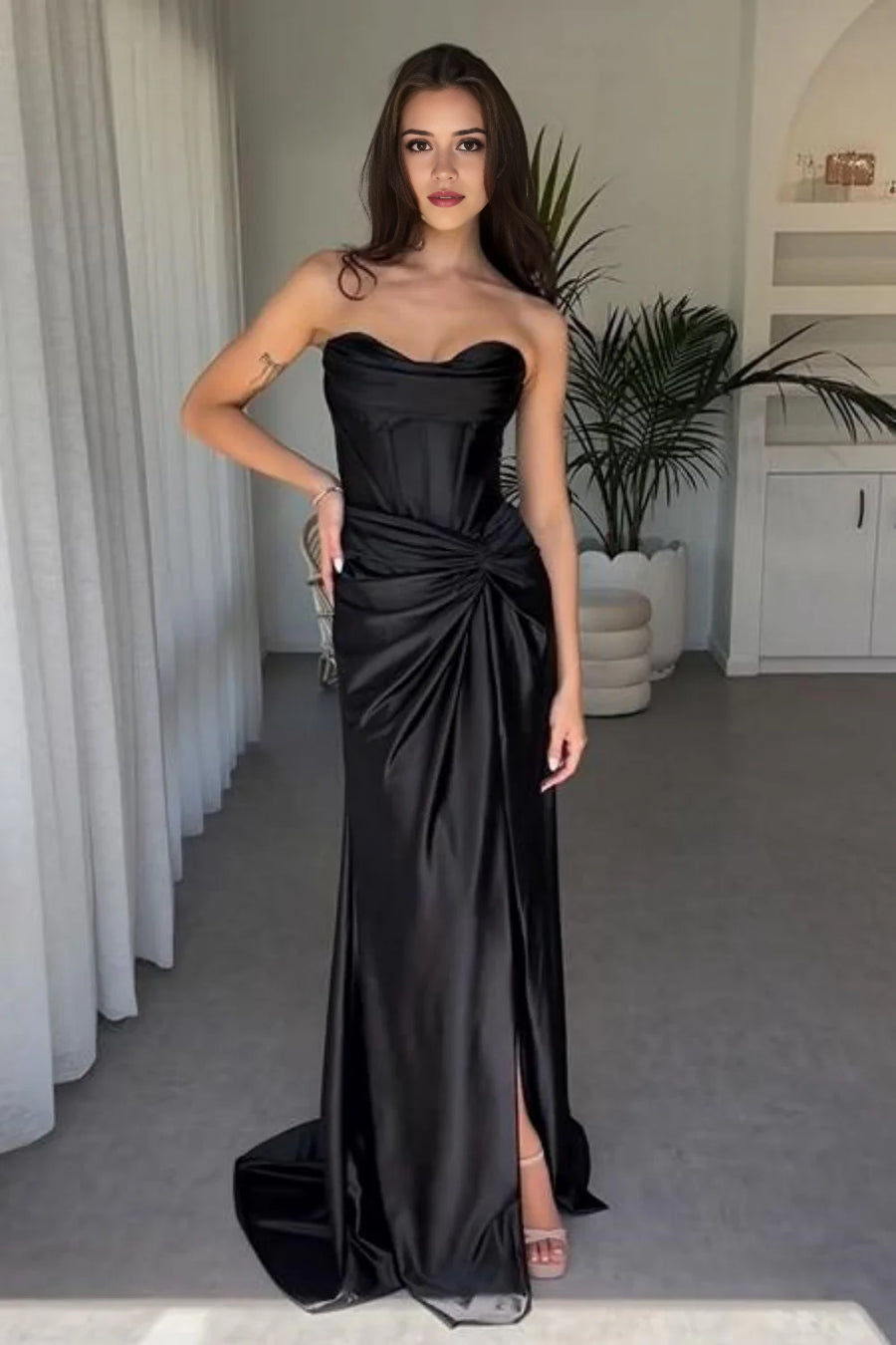 DingJiDress Formal Dress Chic Satin Mermaid Strapless Ruched Empire Side Fork Party Elegant Prom Dress