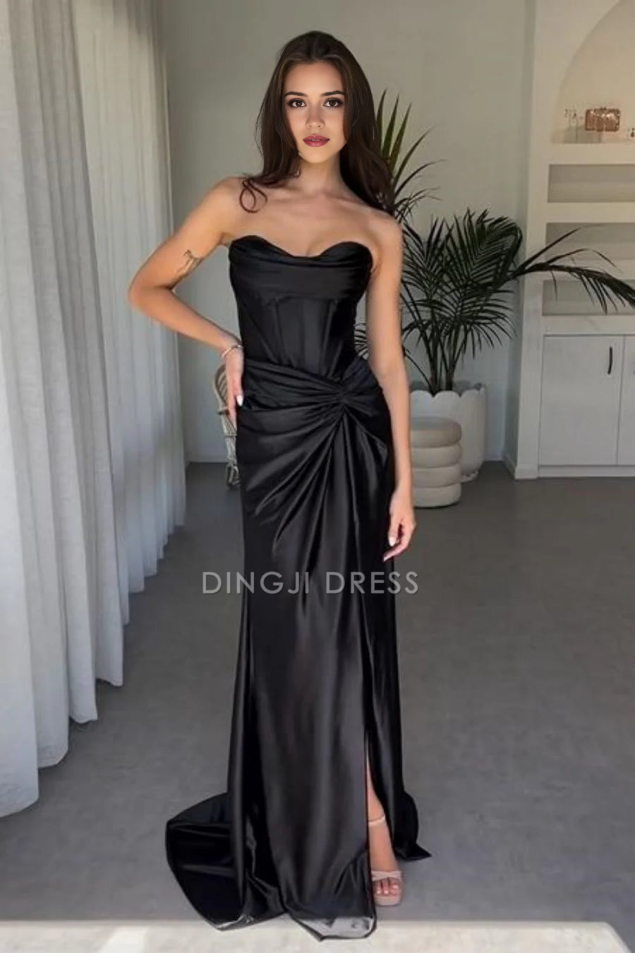 DingJiDress Formal Dress Chic Satin Mermaid Strapless Ruched Empire Side Fork Party Elegant Prom Dress