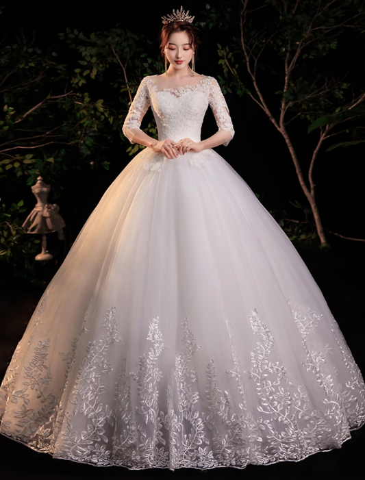 Engagement Formal Wedding Dresses Floor Length Princess Half Sleeve Lace With Appliques