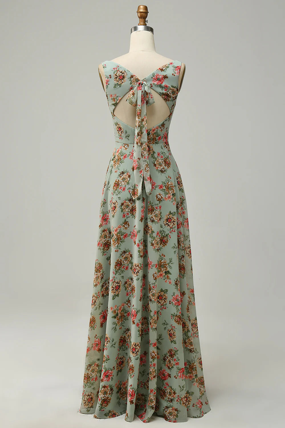 DingJiDress A Line Square Neck Green Floral Long Bridesmaid Dress with Open Back