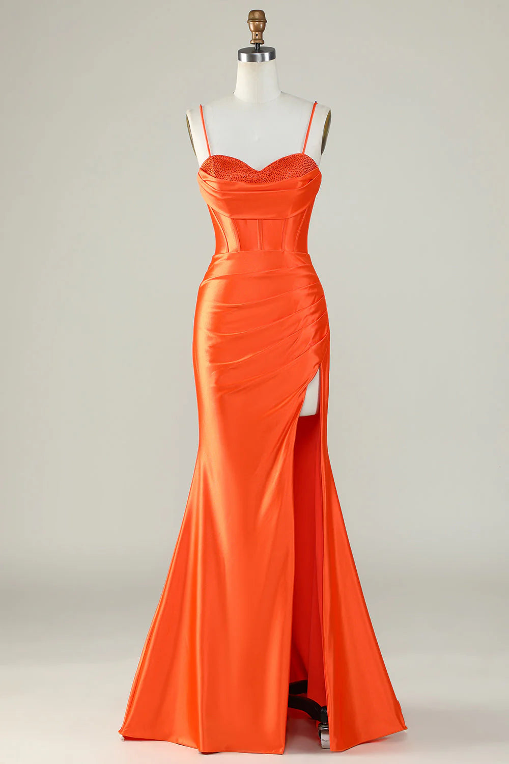 DingJiDress Orange Mermaid Spaghetti Straps Long Corset Prom Dress With Slit