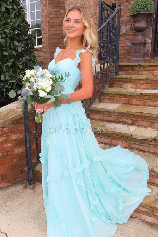 DingJiDress Charming A Line Sweetheart Long with Ruffles Fashion Cute Prom Dress