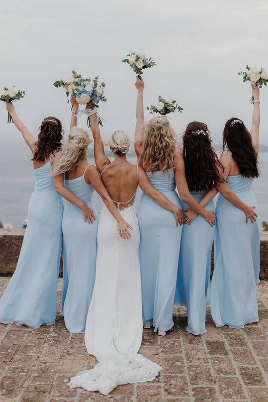 Elegant Light Blue Chiffon Sheath One Shoulder Sleeveless Pleated Slit Low Cost Floor Length Bridesmaid Dresses