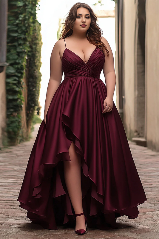 DingJiDress High Quality Dress A Line V-Neck Spaghetti Strap Satin Pleated High-Low Charming Prom Dress
