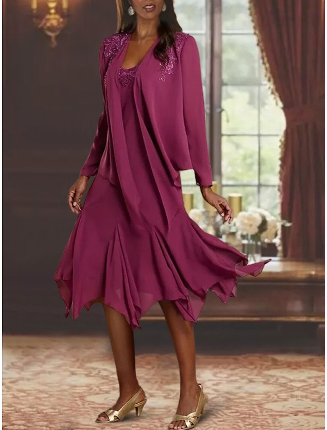 Two Piece A-Line Mother of the Bride Dress Formal Wedding Guest Elegant V Neck Asymmetrical Tea Length Chiffon Lace Sleeveless Wrap Included with Sequin Appliques