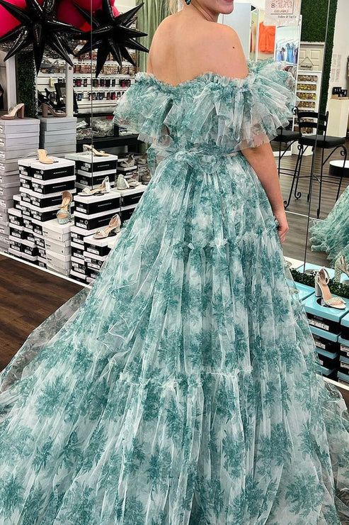 DingJiDress Long Prom Dresses Floral Printed Off the Shoulder Ruffle Tiered Tulle