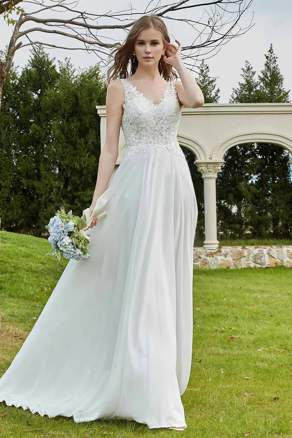 Chiffon Lace Elegant A-Line V-Neck Applique Sleeveless Backless With Slit Affordable Hot Sale Wedding Dress