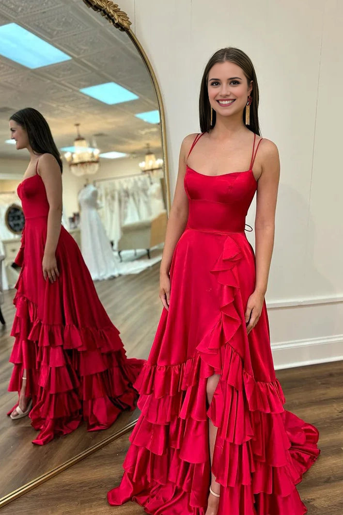 DingJiDress Formal Dress Exquisite A Line Spaghetti Straps Ruched Tiered Backless Side Fork Satin Party Fashion Prom Dress