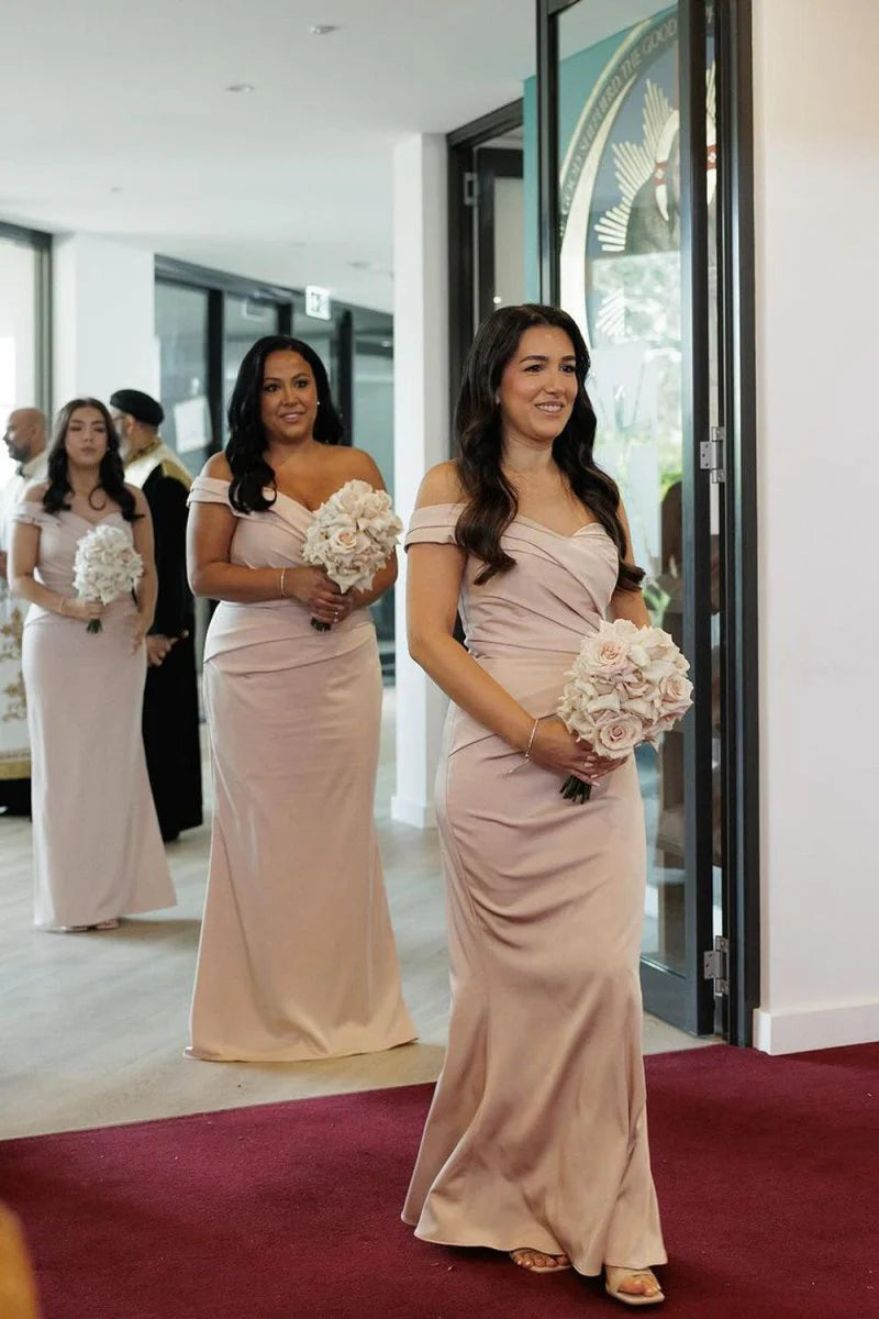 Exquisite Champagne Satin Mermaid Off the Shoulder Sweetheart Neckline Sleeveless Pleated Low Cost Floor Length Bridesmaid Dresses
