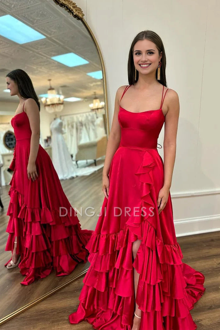 DingJiDress Formal Dress Exquisite A Line Spaghetti Straps Ruched Tiered Backless Side Fork Satin Party Fashion Prom Dress