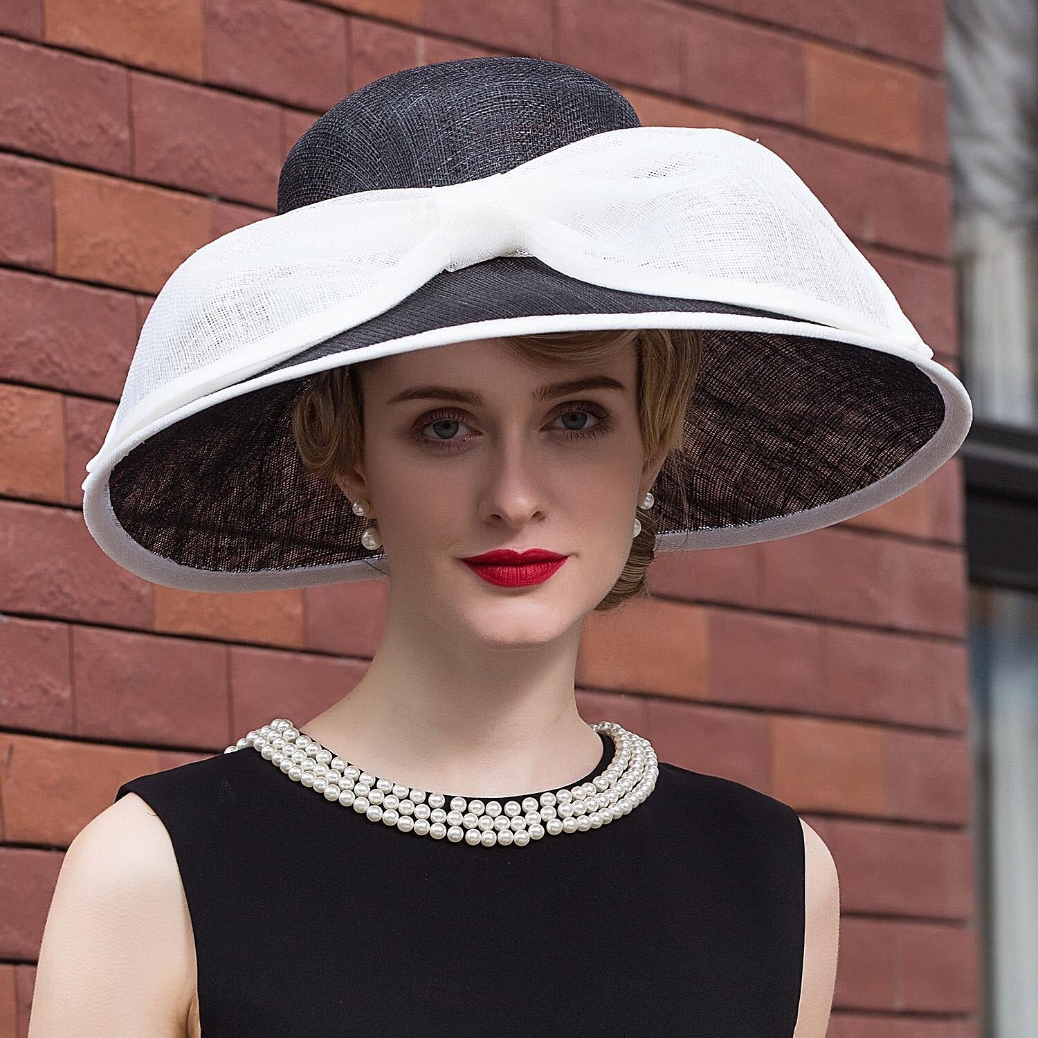 DingJiDress Hat Bucket Hat Sun Hat Wedding Tea Party Elegant Wedding With Bowknot Splicing Headpiece Headwear Size:M