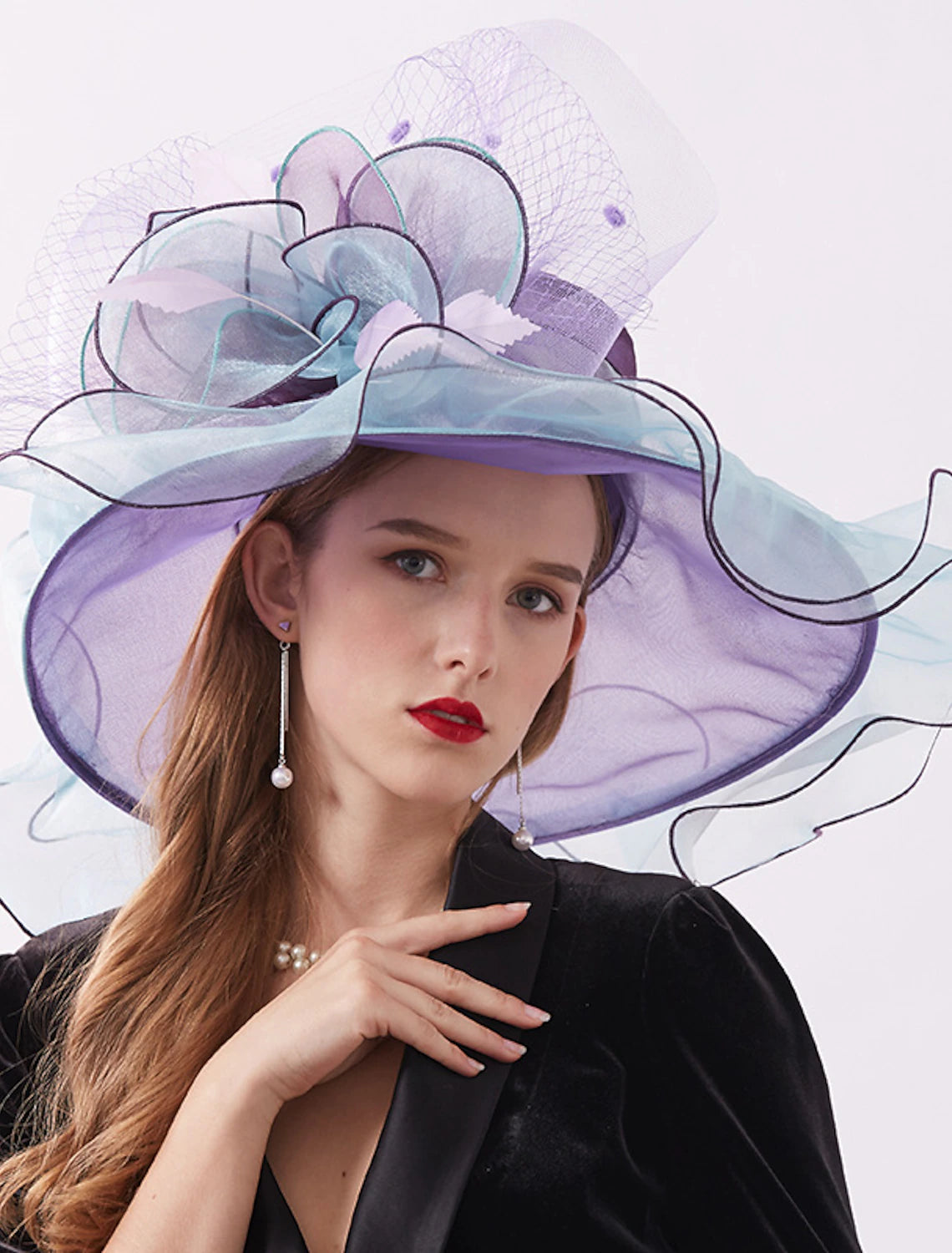 DingJiDress Derby Hats for Women Wide Brim Cloche Kentucky Fascinator Hats for Ladies Organza Tea Party Bridal Church Hats