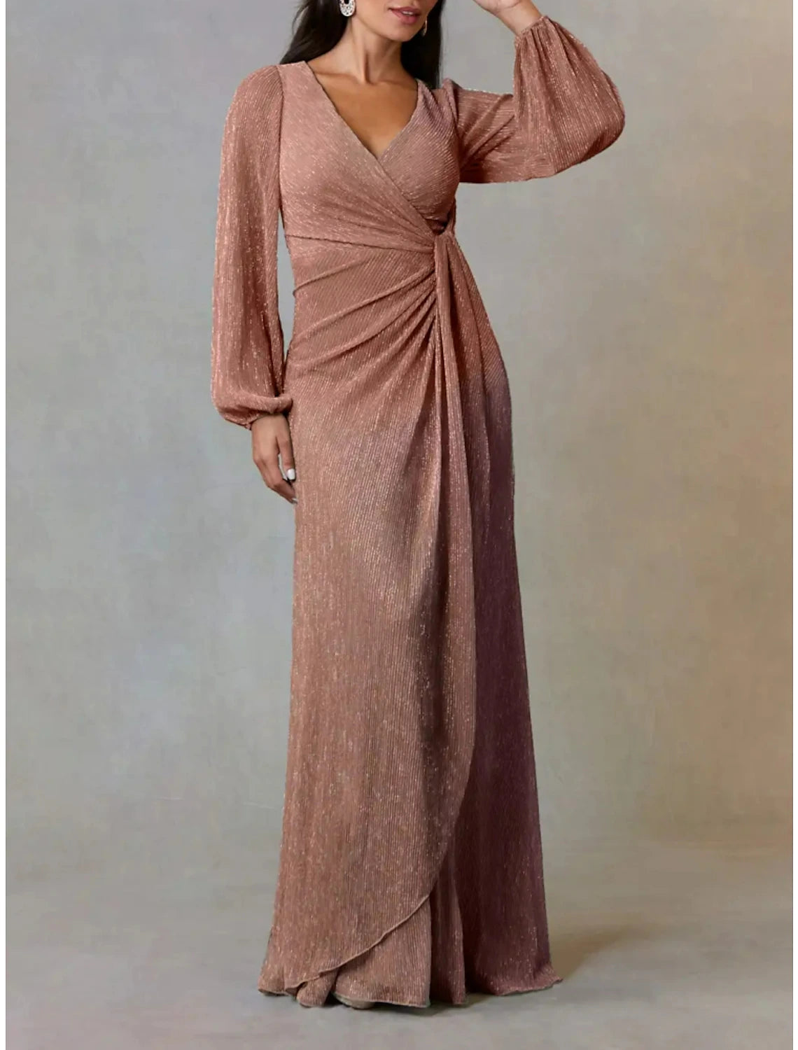 A-Line Mother of the Bride Dress Wedding Guest Simple Elegant V Neck Floor Length Chiffon Long Sleeve with Ruching