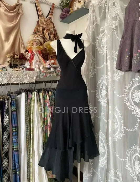 DingJiDress A Line Deep V Neck Elegant Formal Ruffle Elegant Prom Dress