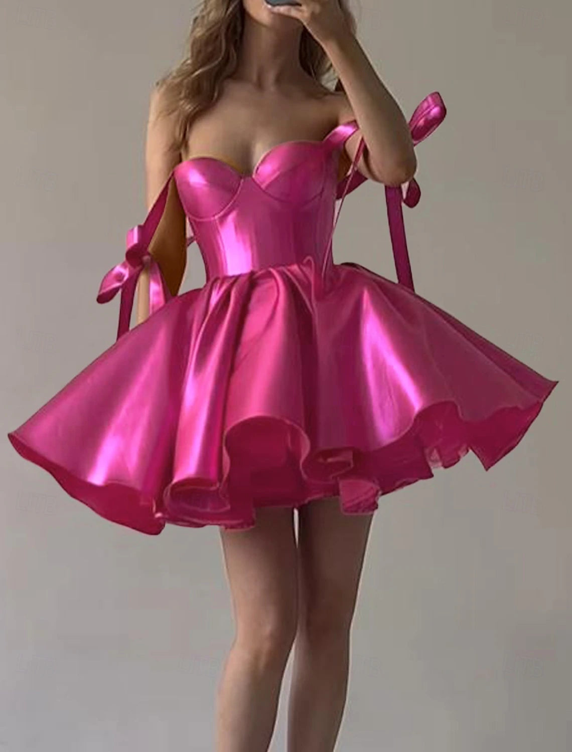 DingJiDress Hot Sale Short Prom Dress Fashion A-Line Corsets Dress Holiday Graduation Sleeveless Spaghetti Strap Satin with Bow(s) Cute New Homecoming Dress