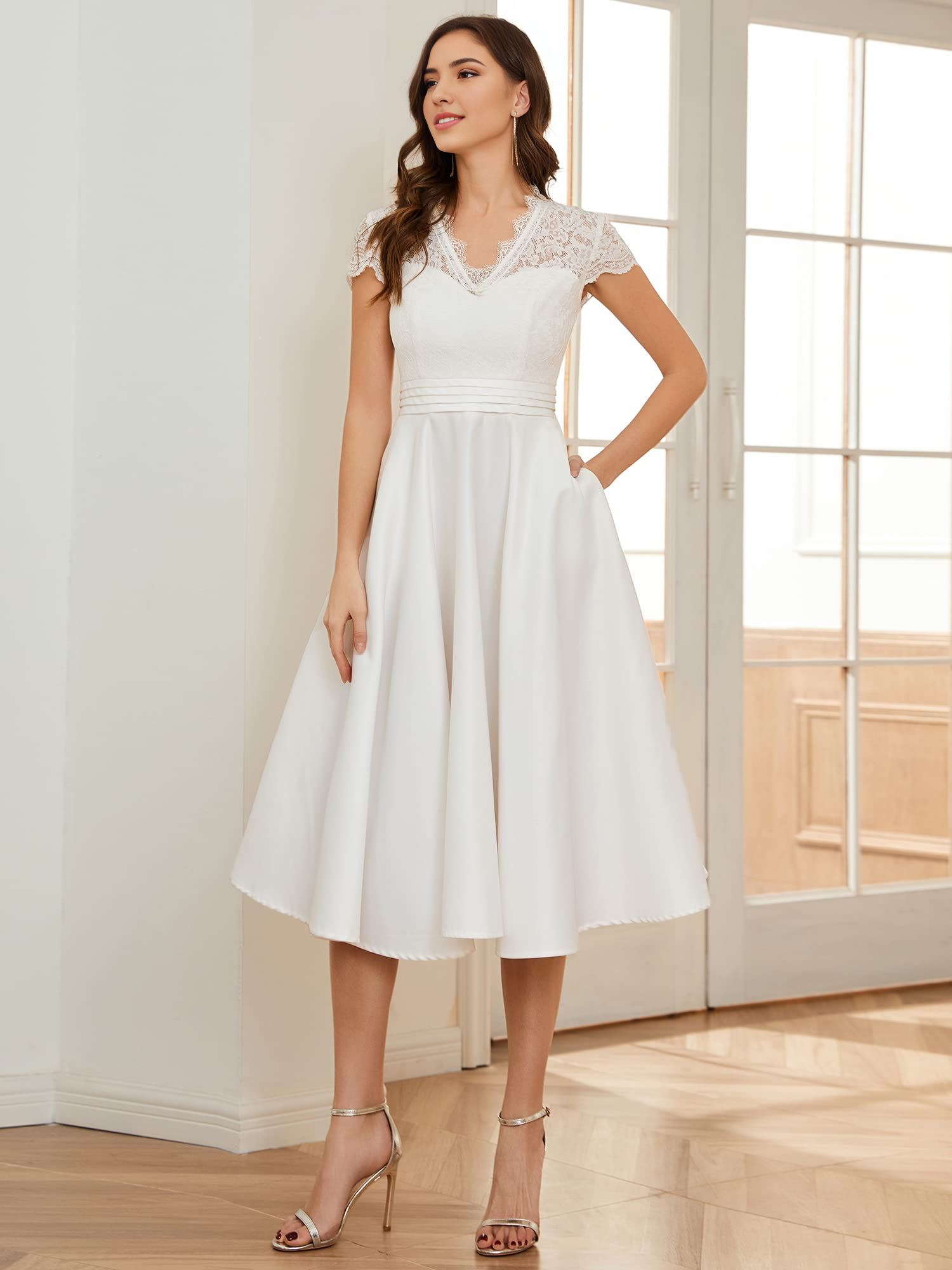 DingJiDress Wedding Dress A-line V-neck Lace See-through Pleated Simple Formal Women's Dresses