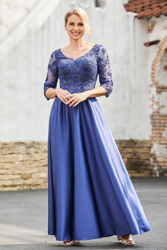 DingJiDress Mother of the Bride Dresses A-Line Satin V-neck Delicate Lace Applique Dress Elegant Dignified Dresses Wedding Guests Dresses