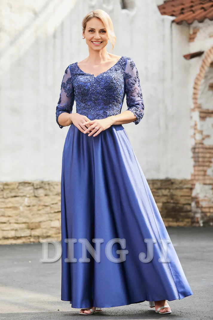 DingJiDress Mother of the Bride Dresses A-Line Satin V-neck Delicate Lace Applique Dress Elegant Dignified Dresses Wedding Guests Dresses