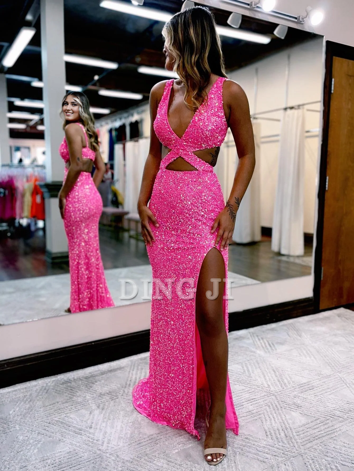 DingJiDress Evening Dress Deep V Neck Mermaid Sequins Sweep Train Prom Dress Side Fork Sexy Charming Formal Women's Dresses Wedding Guest Dresses