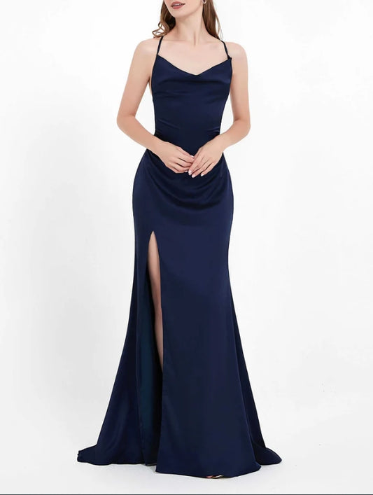 DingJiDress Evening Dress Charming Sheath Cowl neck Spaghetti Straps Backless Lace up Side Slit Dress Sweep Train Simple Formal Dress