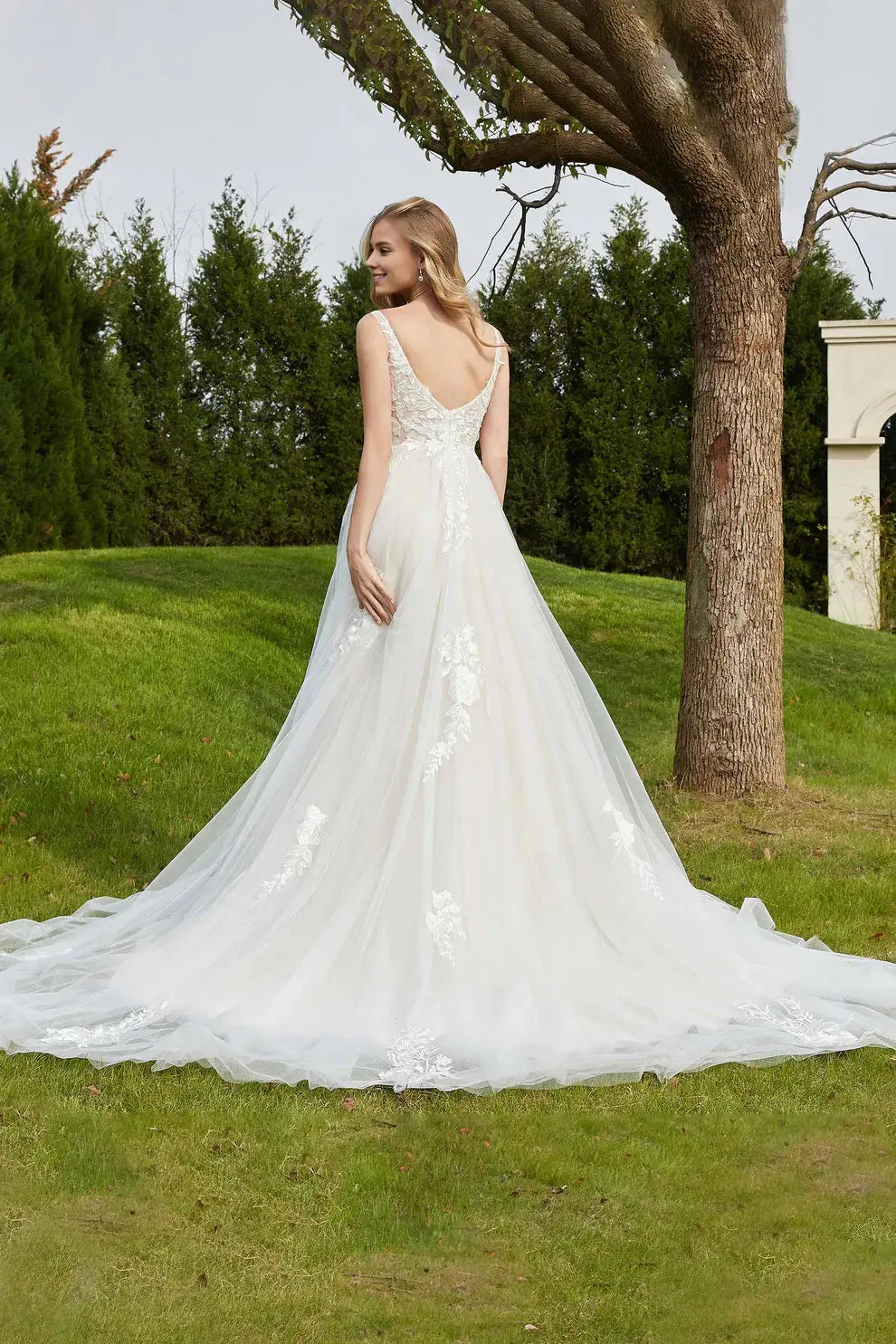 Exquisite A-Line V-Neck Sleeveless Tulle Lace Applique Backless Chapel Train Affordable Hot Sale Wedding Dress