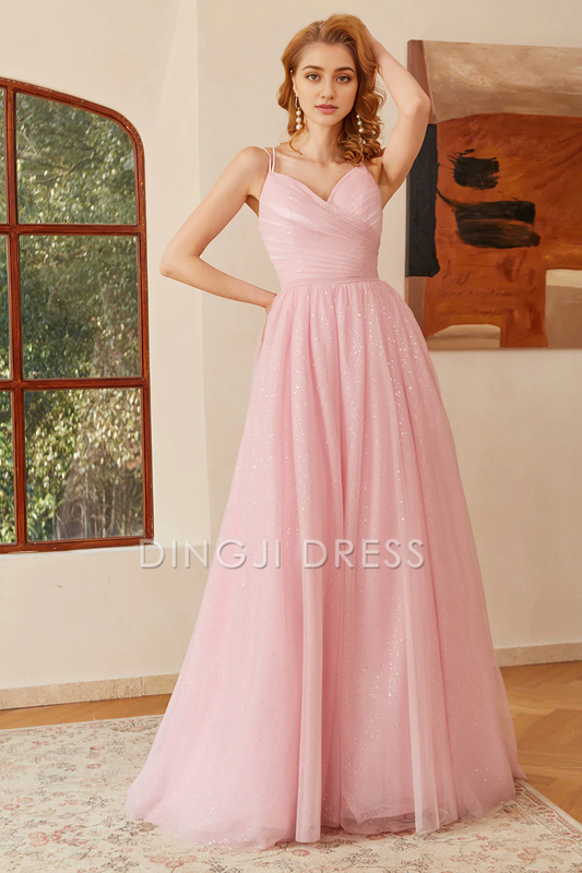 DingJiDress High Quality Dress Exquisite Glitter Sweetheart Spaghetti Strap Lace-Up Ruched Backless Long Prom Dress