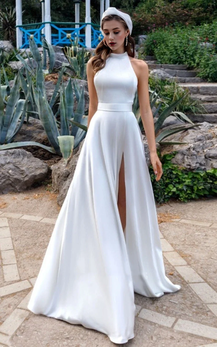 DingJiDress Evening Dress A-Line Halter Backless Side Fork Fashion Elegant Simple Formal Wear Dresses Wedding Guest Dresses