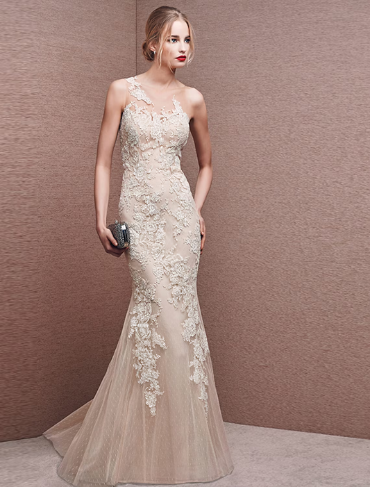 Beautiful Back White Engagement Formal Evening Dress Sleeveless Floor Length Lace with Appliques