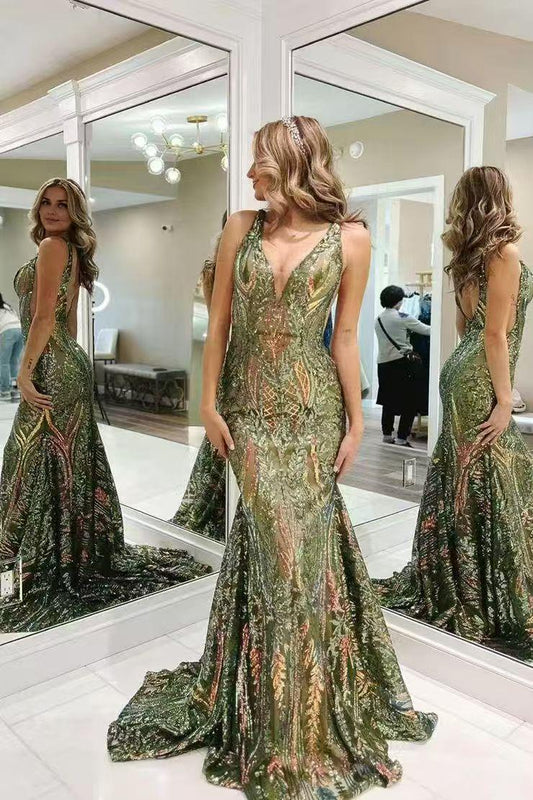 DingJiDress Charming Mermaid V Neck Backless Sequin Lace Long Sweep Train Prom Dress