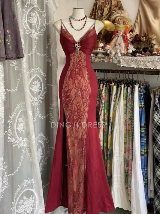 DingJiDress Mermaid V Neck Spaghetti Strap Lace Vintage Elegant Prom Dress