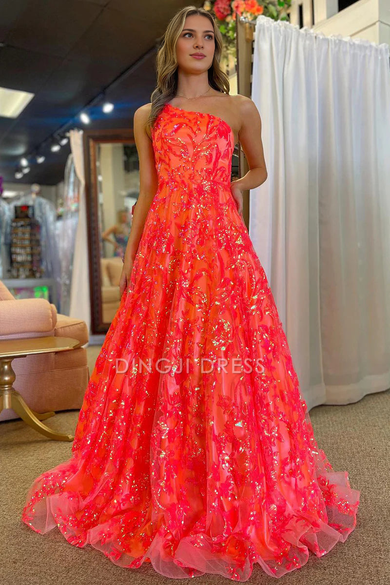DingJiDress Formal Dress Gorgeous A-Line One Shoulder Sequins Lace Party Sparkle Prom Dress