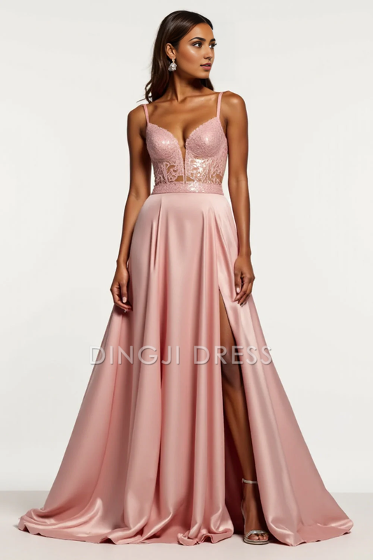 DingJiDress High Quality Dress Charming A Line V-Neck Spaghetti Strap Corset Backless With Slit Long Prom Dress