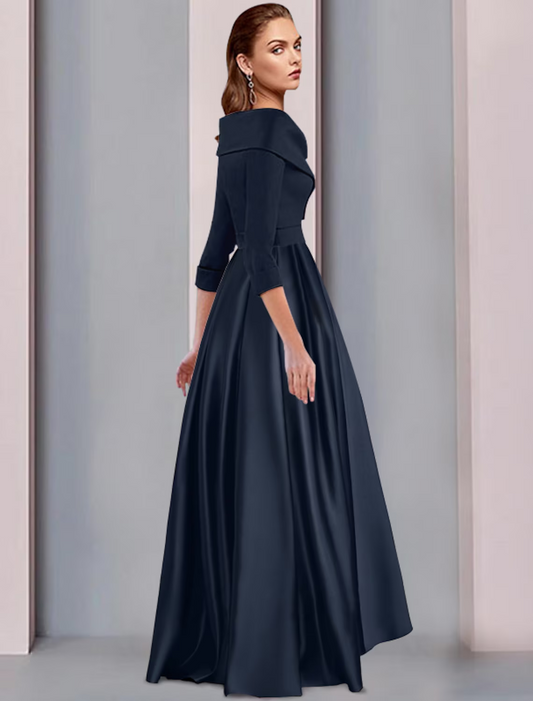 A-Line Mother of the Bride Dress Wedding Guest Vintage Plus Size Elegant V Neck Length Satin 3/4 Length Sleeve with Pleats