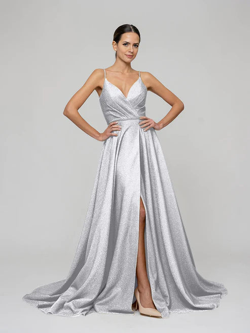 DingJiDress Sweep Train Metallic Glitter A Line Prom Dresses