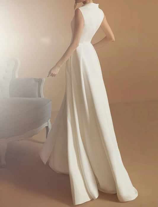 DingJiDress Hall Casual Wedding Dresses A-Line V Neck Sleeveless Floor Length Satin Bridal Gowns With Split