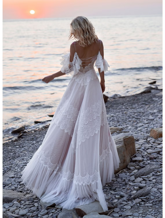 Beach Open Back Wedding Dresses Train A-Line Short Sleeve V Neck Lace With Lace
