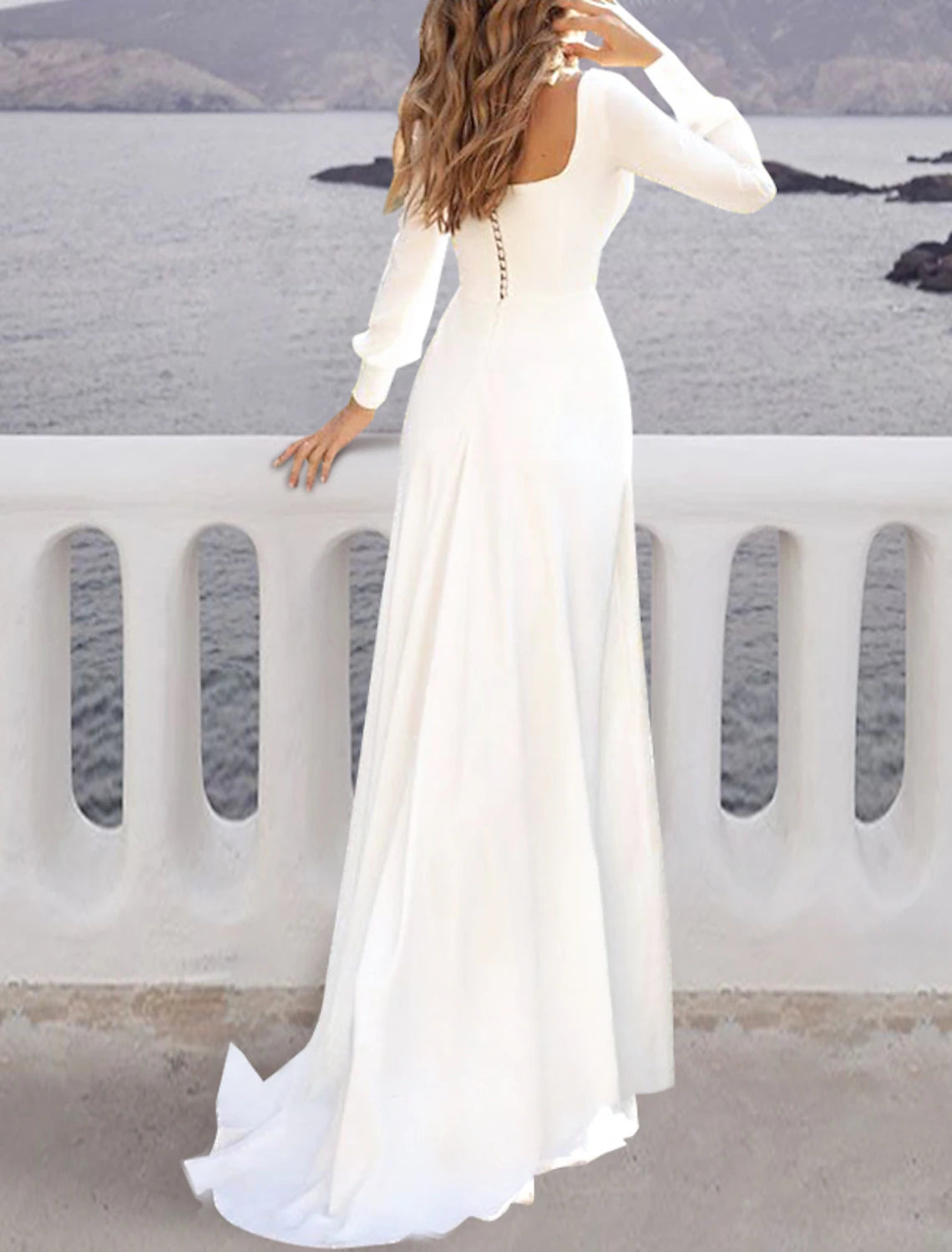 Beach Casual Fall Wedding Dresses A-Line Square Neck Long Sleeve Sweep / Brush Train Chiffon Bridal Gowns