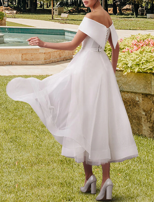 Reception Little White Dresses Wedding Dresses A-Line Off Shoulder Cap Sleeve Tea Length Satin Bridal Gowns With Sashes / Ribbons