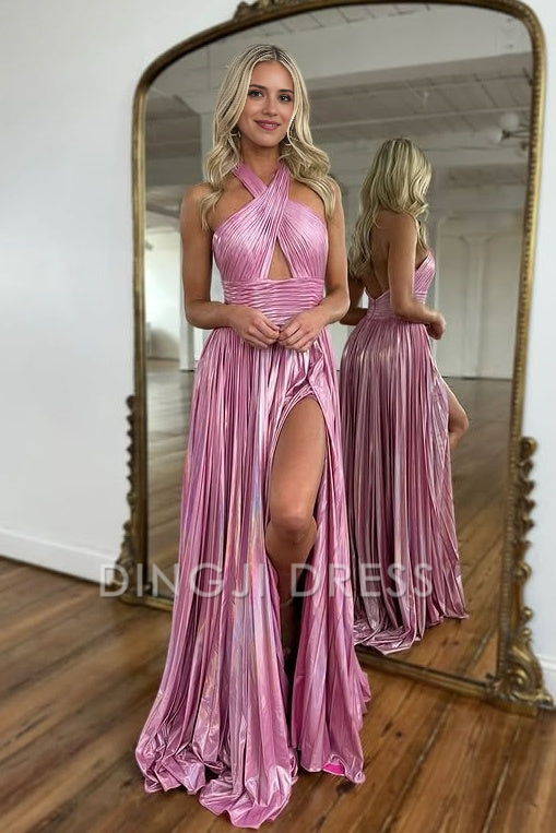 DingJiDress Formal Dress Modest Satin A-Line Halter Backless Pleated Party With Slit Fashion Prom Dress