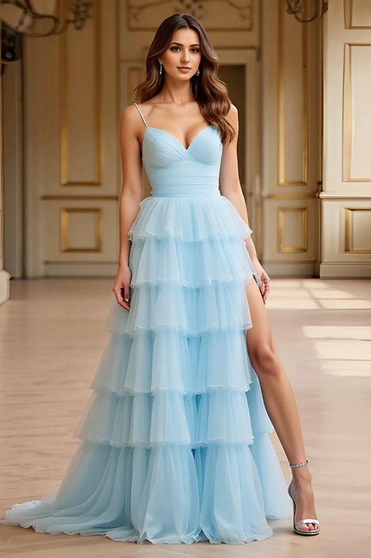 DingJiDress High Quality Dress Romantic A Line Spaghetti Straps Sweetheart Backless Ruched Tiered Long With Slit Prom Dress