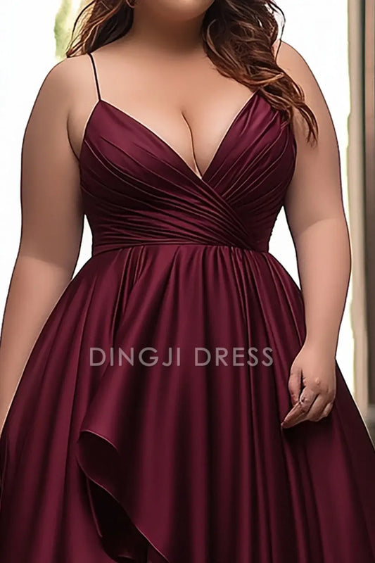 DingJiDress High Quality Dress A Line V-Neck Spaghetti Strap Satin Pleated High-Low Charming Prom Dress