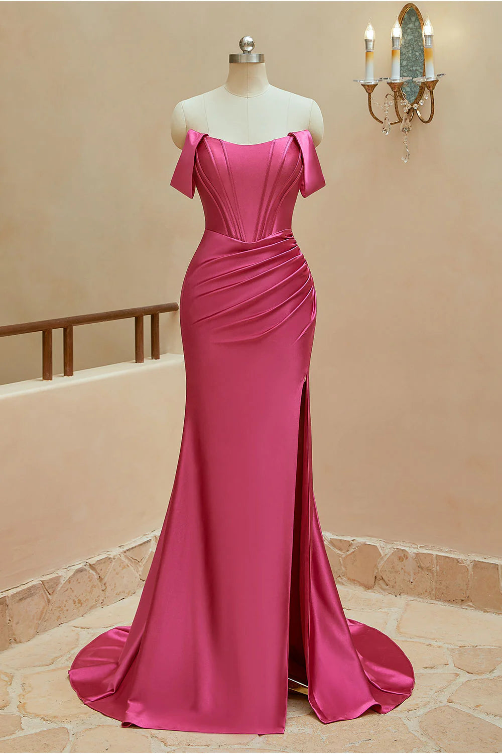 DingJiDress Satin Prom Dresses Mermaid Off The Shoulder With Slit
