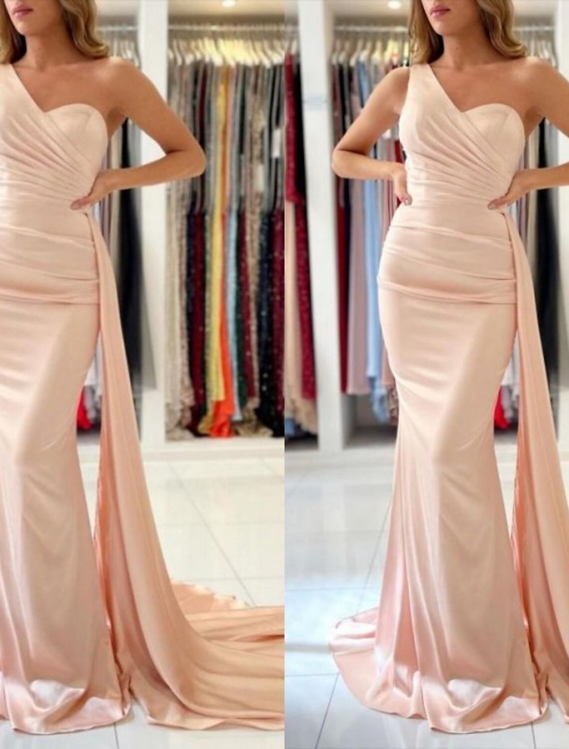 Mermaid / Trumpet Bridesmaid Dress One Shoulder Sleeveless Elegant Court Train Stretch Chiffon with Draping