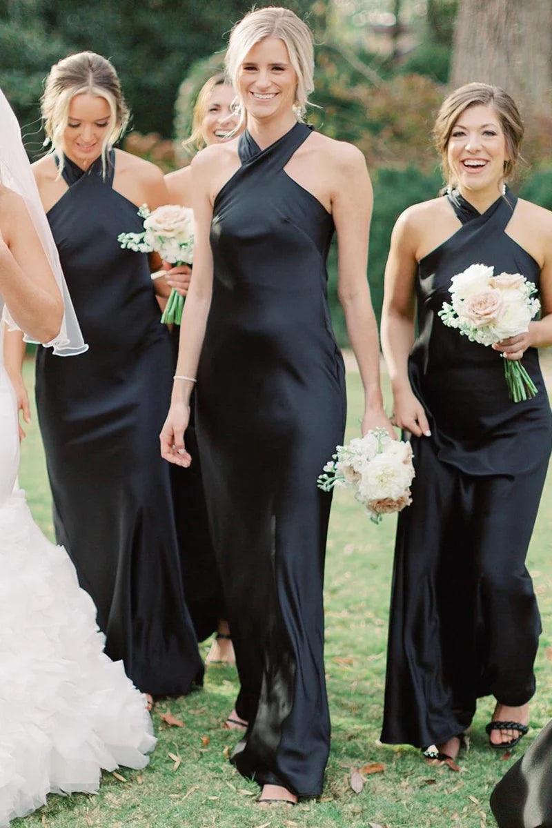 Chic Black Sheath Cross Halter Sleeveless Bows Cutout Back Low Cost Floor Length Bridesmaid Dresses
