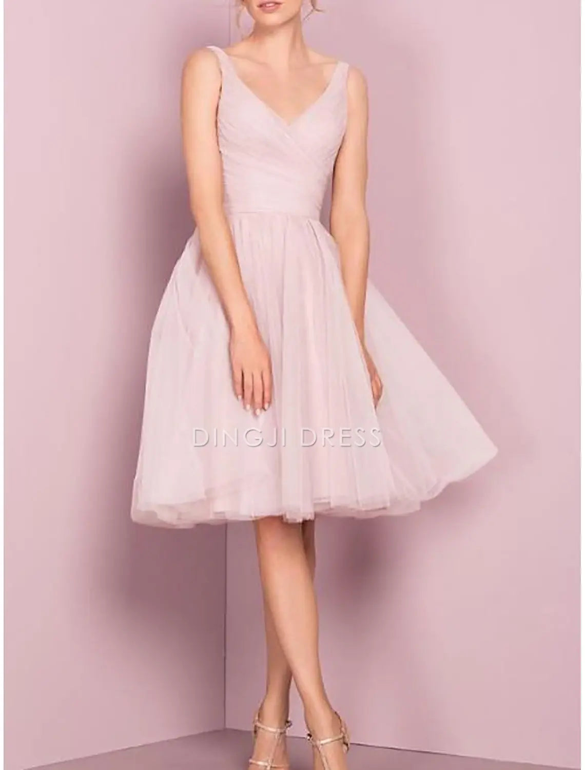 DingJiDress Hot Sale Short Prom Dress A-Line V Neck Cocktail Dresses Graduation Knee Length Sleeveless Tulle with Pleats Elegant New Homecoming Dress