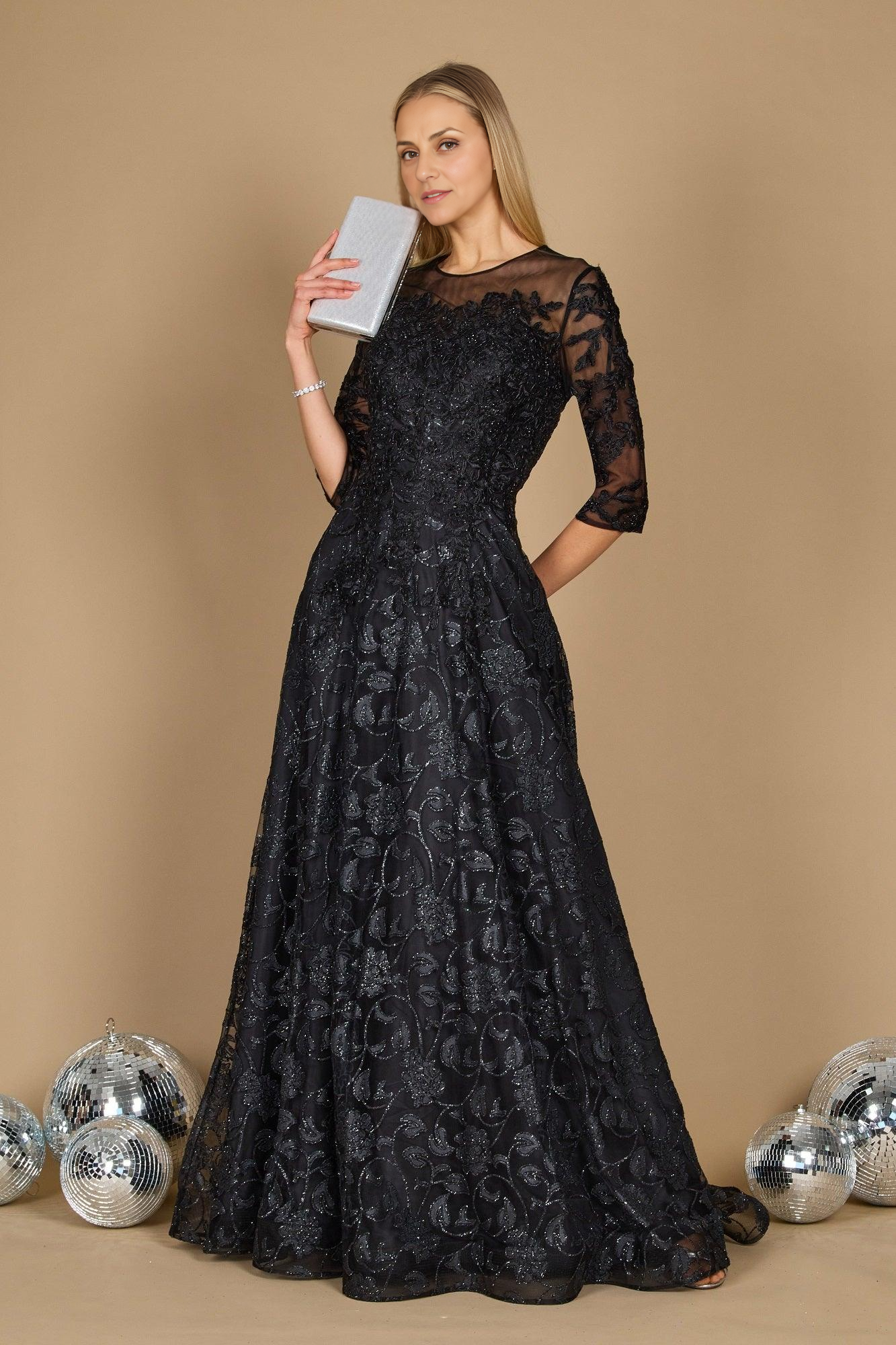 DingJiDress Evening Dress Exquisite A Line Round Neck 3/4 Sleeve Sparkling Lace Appliques Fashion Retro Long Mother Of The Bride Dress