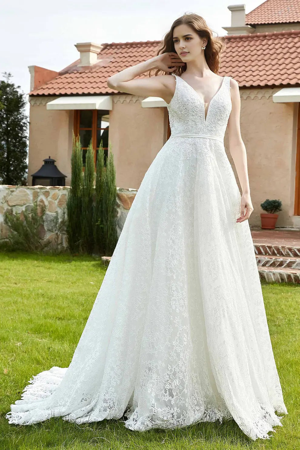 Exquisite Lace A-Line Plunging V-Neck Sleeveless Backless Affordable Hot Sale Wedding Dress