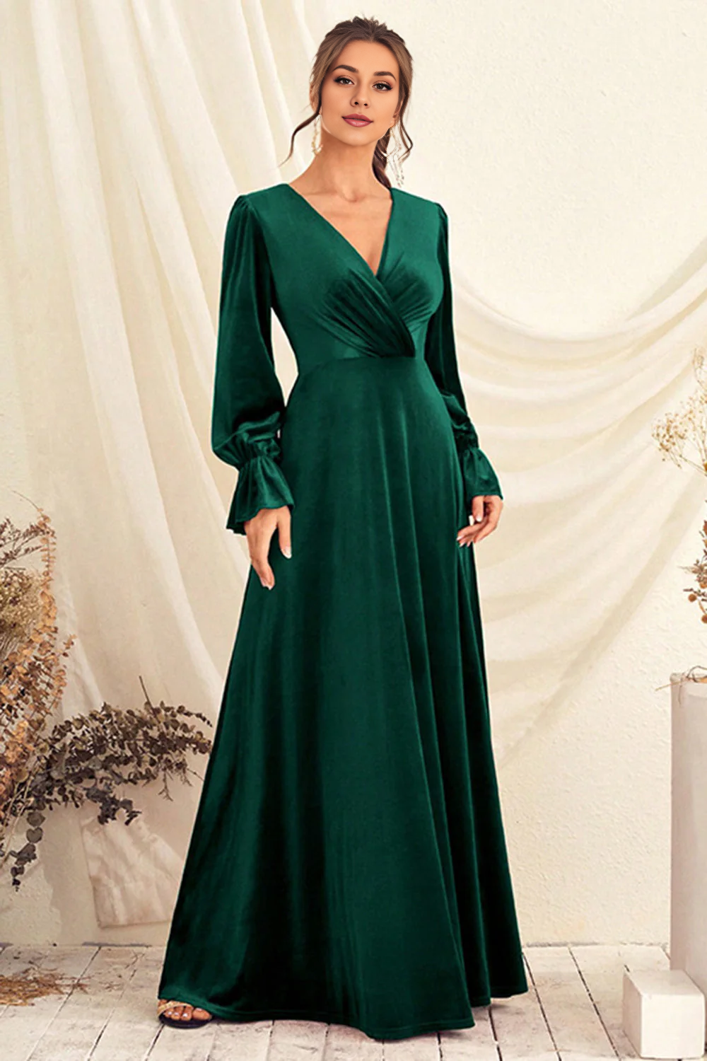 DingJiDress Dark Green Evening Dress V Neck Velvet Wrap Long Prom Dress with Long Sleeves