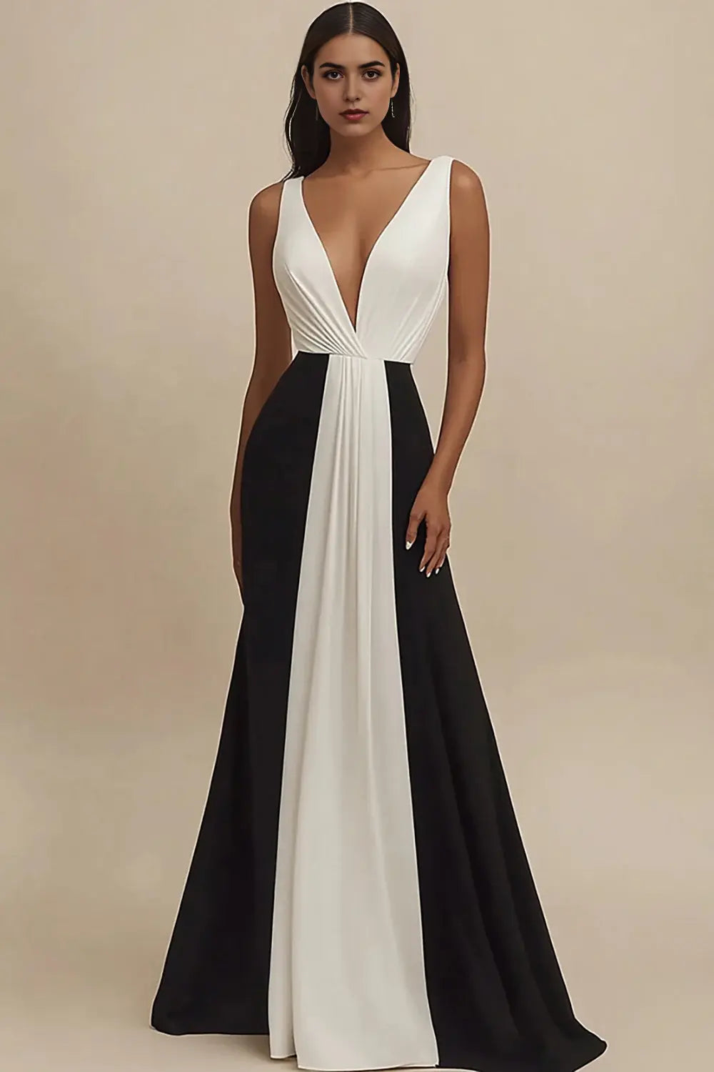 Fashion Black and White A Line Deep V-Neck Wide Shoulder Straps Sleeveless Elegant Long Formal Dress Hot Sale Evening Dress